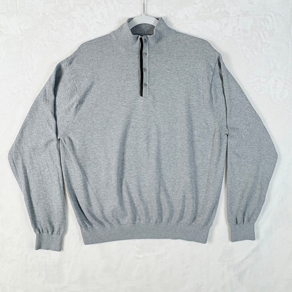 Talbots Quarter Button Sweater Mens L Gray Excellent Cotton Modal Mock Neck